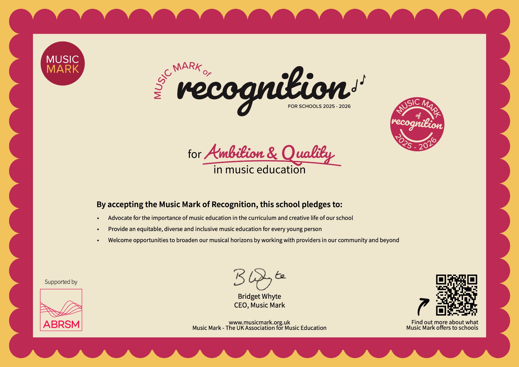 Music Mark of Recognition 2025-26 - Certificate Music Mark of Recognition 2025-26 - Certificate